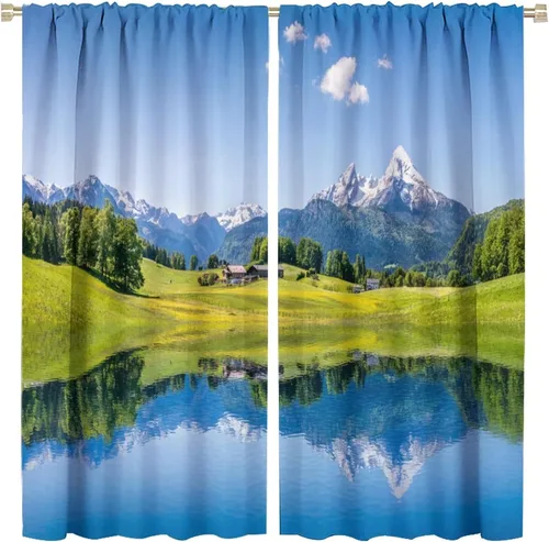 Vista 9 de Cortina opaca de lago, naturaleza de montaña, paisajes pacíficos y hermosos, decoración del hogar, ventanas con bolsillo para cortinero, cortinas