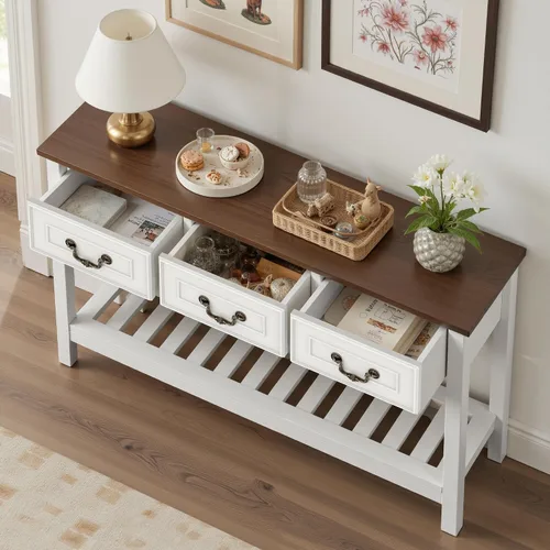 Vista 4 de Mesa consola estrecha con 3 cajones, mesa de entrada con estantes de almacenamiento, mesa de sofá detrás del sofá, mesa de sofá de madera para sala