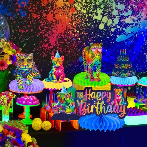 Vista 8 de Centros de mesa de nido de abeja de leopardo y arcoíris neón, decoración de fiesta de cumpleaños, decoración de fiesta de cumpleaños con estampado