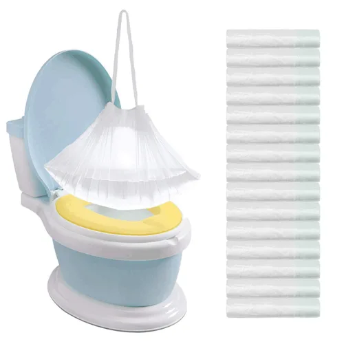 Vista 8 de Tebery Paquete de 100 forros portátiles para sillas de orinal con cordón, bolsas de orinal desechables para asiento de entrenamiento de inodoro