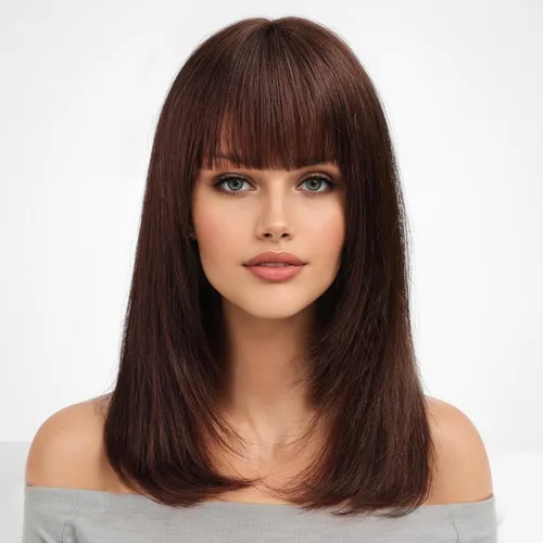 Vista 12 de KKU Pelucas de cabello humano de 16 pulgadas para mujer, peluca de cabello lacio en capas con flequillo, realismo natural, pelucas de cabello real