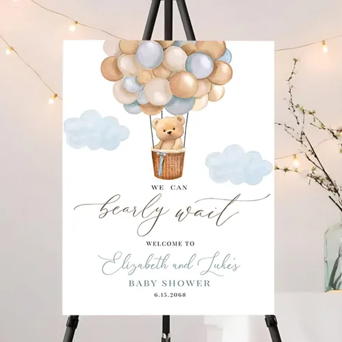 Vista 16 de Señal de Bienvenida Personalizada para Baby Shower de Niño, Señal de Baby Shower Niño, Decoraciones de Baby Shower Azul Boho de Oso Sol, Aquí Viene
