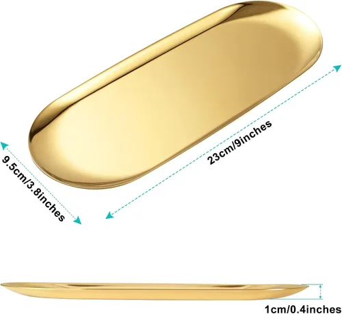 Vista 2 de Bandeja ovalada dorada de acero inoxidable – Mini bandeja de mesa de centro para joyas, cosméticos y velas Revestimiento al vacío – No se