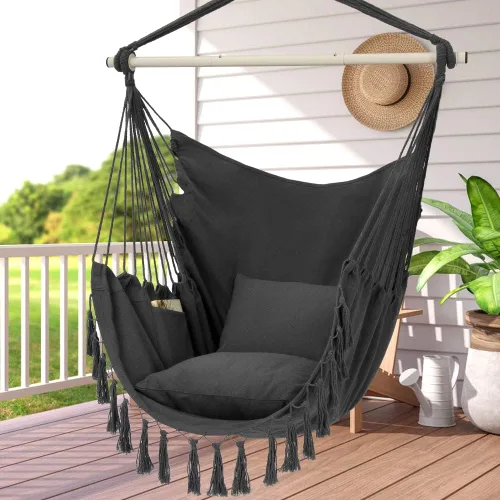 Vista 8 de Y- STOP Silla Hamaca Colgante Columpio de Cuerda, Máximo 500 Libras, 2 Cojines Incluidos, Silla Colgante Grande de Macramé con Bolsillo, Tejido