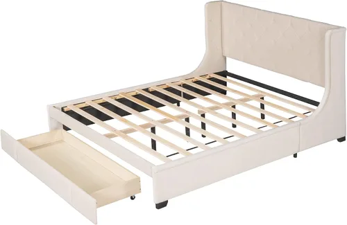 Vista 5 de Moderna cama de almacenamiento de madera, cama de plataforma tamaño Queen con un cajón grande, cama de plataforma tapizada de terciopelo