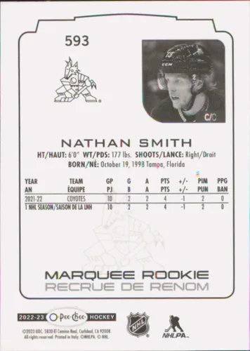 Vista 2 de 2022-23 O-Pee-Chee #593 Nathan Smith Arizona Coyotes Rookie Hockey Card - GotBaseballCards
