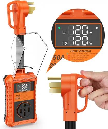 Vista 9 de Protector de sobretensiones RV de 50 amperios, analizador de circuito RV de 20000J con cubierta impermeable, pantalla LED, adaptador de enchufe RV