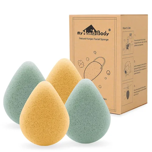Vista 7 de myHomeBody Esponjas faciales naturales Konjac – forma de lágrima – para una limpieza y exfoliación facial suave – con carbón activado y aloe vera
