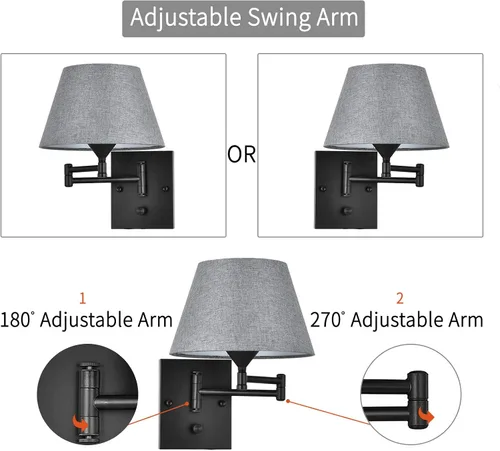 Vista 3 de Pauwer Juego de 2 apliques de pared enchufables con brazo oscilante con cable de enchufe y pantalla de tela gris, accesorios de pared para pasillo
