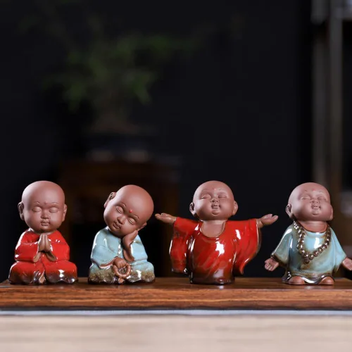 Vista 6 de Estatua de monje de Buda roja, figura de cerámica para bebé, té de monje zen, figura de mascota, estatua de meditación de 3.7 pulgadas para Azul