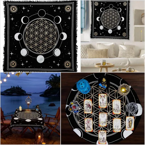 Vista 2 de Indian Consigners Tela de altar Fases de Luna Sol, Star & Moon Universe Premium Brujería Alter Tarot Spread Top Cloth Wicca Square Spiritual 18 x 18