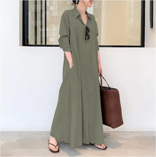 Vista 2 de UODSVP Vestidos de otoño de algodón y lino a rayas para mujer vestido irregular de temperamento holgado vestidos de manga larga