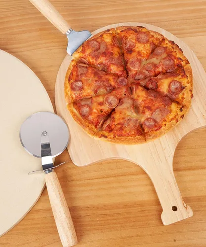Vista 5 de SHINESTAR Pala de pizza de 12 pulgadas, paleta de madera para pizza casera, tabla de cortar natural y tabla de queso, tabla de cortar con cortador