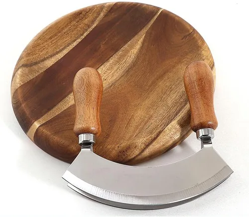 Vista 6 de Mezzaluna - Cuchillo y tabla de cortar redonda, cuchillo de corte de doble hoja de acero inoxidable, cortador de pizza con tabla de cortar