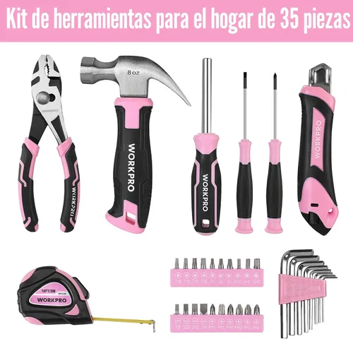 Vista 3 de WORKPRO Juego de herramientas rosas de 35 piezas, kit de herramientas para el hogar con caja de herramientas de almacenamiento, juego