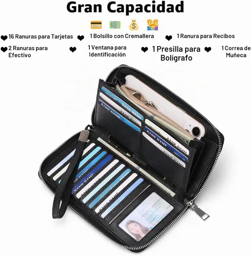 Vista 4 de GOIACII Cartera de piel con bloqueo RFID para mujer, con cremallera alrededor de gran capacidad, cartera larga para tarjetas de crédito, cartera