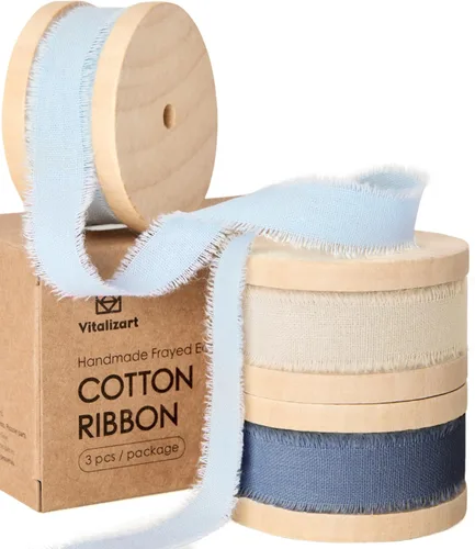 Vista 10 de Vitalizart Cinta de algodón azul bebé hecha a mano con flecos de 5/8 pulgadas x 21 yardas, cintas de algodón natural puro para envolver regalos