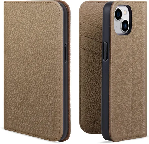 Vista 8 de VISOUL Funda tipo cartera de piel auténtica para iPhone 14, con tapa magnética, con tarjetero y función atril, compatible con iPhone 14