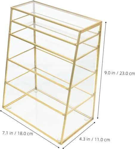 Vista 4 de Organizador de maquillaje de 5 capas, caja de almacenamiento de escritorio para lápiz labial, sombra de ojos, cosméticos, estética, cobre y vidrio