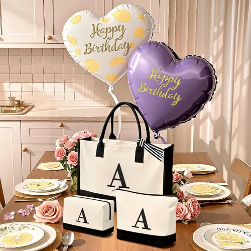 Vista 8 de mibasies 1 bolsa de lona con inicial bordada con 2 bolsas de maquillaje, regalos de cumpleaños para mujer