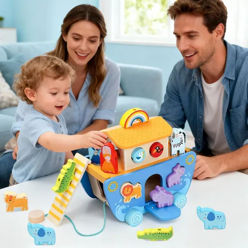 Vista 5 de Tooysea - Arca de Noé de madera con clasificador de formas de animales, regalos de bautismo para niños de 1, 2, 3, 4 años, juguetes Montessori