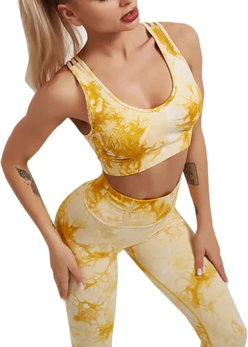 Vista 2 de YuMENo Conjuntos de entrenamiento de teñido anudado para mujer, 2 piezas, sin costuras, cintura alta, leggings de yoga con brasier deportivo, ropa