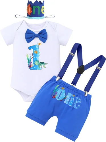 Vista 9 de IMEKIS Conjunto de ropa para bebé niño con estampado de pastel de 1er cumpleaños con corbatín + tirantes + pantalones cortos + corona de baloncesto