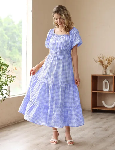 Vista 2 de YESNO Vestido floral casual de verano 2023 para mujer, cuello cuadrado, manga corta, cintura ceñida, maxi vestido con bolsillos, E11