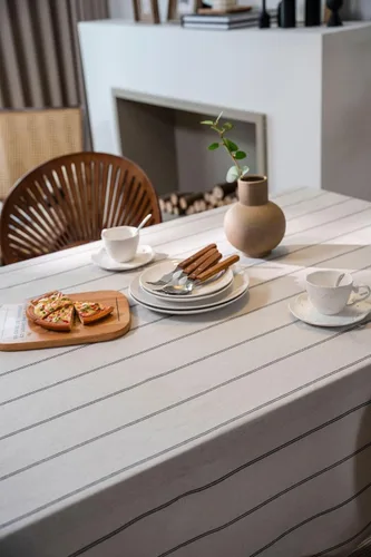 Vista 3 de ArtBud Manteles de Lino de Algodón Boho Estilo Granja Tela Pesada Cubierta de Mesa Arpillera a Rayas Lavable Superficie de Mesa para Fiestas Café