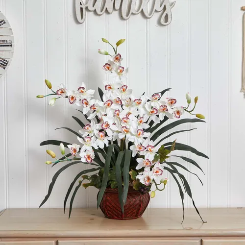 Vista 3 de Cymbidium con jarrón decorativo, arreglo de seda Rojo