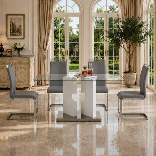 Vista 21 de Ebullient Juego de mesa de comedor de cristal de 63 pulgadas para 6, mesa de comedor de vidrio negro y base de MDF, mesa de cocina rectangular Mesa