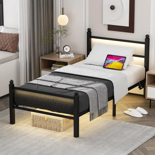 Vista 10 de Jenmit - Estructura de cama de tamaño completo con estación de carga y luces LED, estructura de cama de plataforma metálica con cabecera y pie