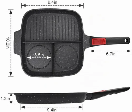 Vista 6 de Sartén Parrilla 3 en 1 para Estufas con Mango Desmontable, Plancha Versátil Antiadherente Dividida, Sartén Cuadrada Libre de PFOA, Negro