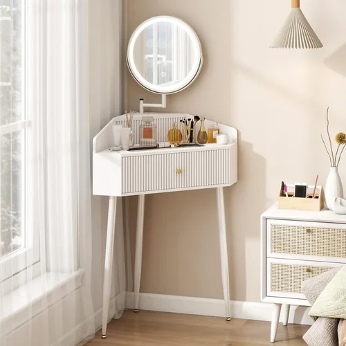 Vista 12 de ARTETHYS Escritorio pequeño con espejo y luces, tocador de maquillaje compacto blanco con silla, moderno tocador que ahorra espacio con cajón