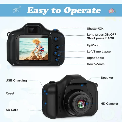 Vista 2 de Zeacool Cámara para niños, cámara de video digital HD, juguetes para niños de 3 4 5 6 7 8 9 años para niños/niñas, cámara selfie para niños, regalos