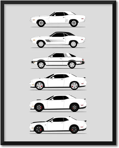 Vista 18 de Custom Car Posters Póster hecho a mano compatible con Dodge Challenger Generations e impresión de Challenger SRT, multicolor, impresión metálica