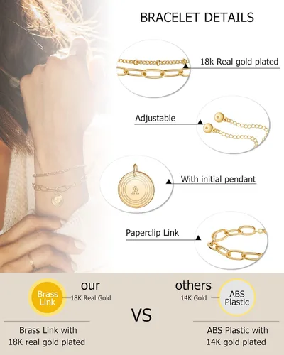 Vista 6 de MRSXIA Pulsera para mujer con inicial lateral de oro de 0.197in, cadena de eslabones cubanos rellena de oro de 18 quilates, delicada, sencilla