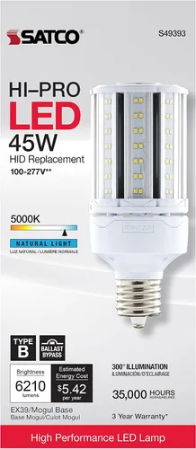 Vista 4 de Satco S49393 Bombilla LED de mazorca de maíz, base extendida Mogul, 45 W, clasificación de 35000 horas, 6210 L, luz natural