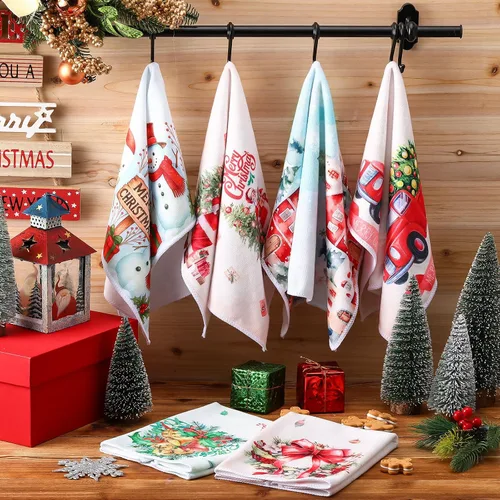 Vista 6 de Tatuo 6 toallas de mano decorativas de Navidad bordadas con Papá Noel, reno, muñeco de nieve, árbol de Navidad, toalla de baño de tela suave