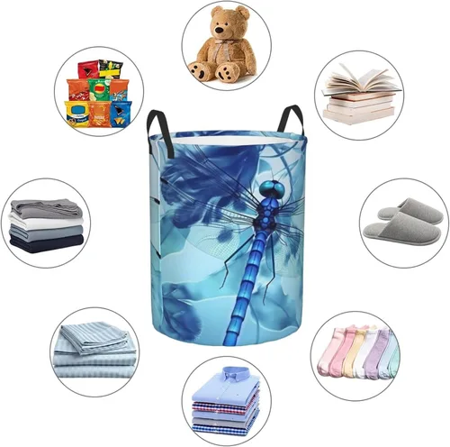 Vista 6 de Cesta circular con estampado de libélula azul artística impermeable, cesta organizadora de almacenamiento con asas para ropa, juguetes, pequeña