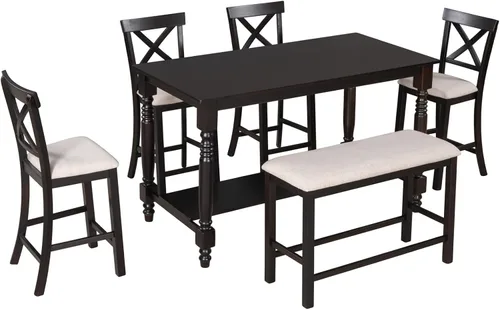Vista 8 de Bellemave Juego de mesa de comedor de 6 piezas rectangular de madera con 4 sillas y un banco, juego de comedor moderno para 6 personas, ideal