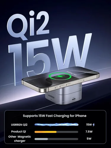 Vista 9 de UGREEN MagFlow Qi2 - Estación de carga plegable magnética, cargador inalámbrico rápido 2 en 1 compatible con iPhone 17/17 Air/17 Pro/17 Pro Max 16