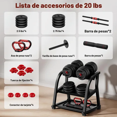 Vista 8 de Adjustable Dumbbell Set, 20/30/45/70/90lbs Free Weight Set With Double Locknut, 5-in-1 Dumbbells Set Includes Barbell, Kettlebells, Push up Stand