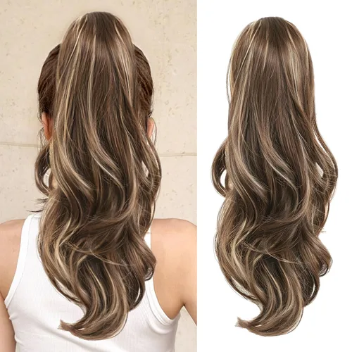 Vista 33 de Extensión de cola de caballo rubio, extensión de cola de caballo con cordón de 20 pulgadas para mujeres, extensiones de cabello de cola de caballo
