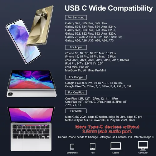 Vista 7 de Auriculares con cable USB C para Samsung Galaxy S26 Ultra/S25 FE/S24/S23/S22/S21/A17/A56/A36, auriculares con cable para iPhone 17/16/15 Pro/Pro