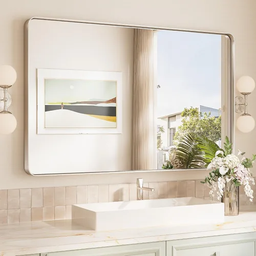 Vista 67 de TokeShimi Espejo de pared de baño de níquel cepillado de 20 x 30 pulgadas, marco de metal, esquina redonda, rectangular, para decoración del hogar