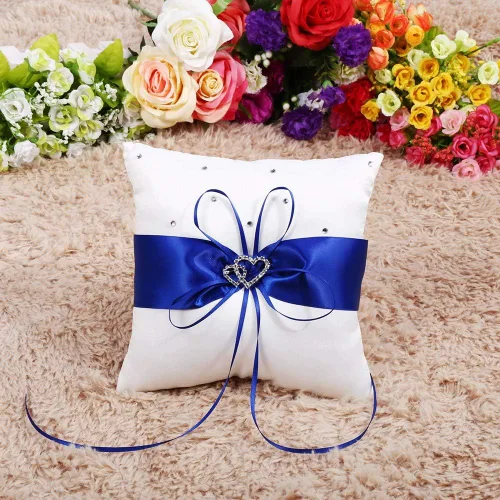 Vista 7 de Tyenaza Almohada portadora de anillo, almohada de anillo de boda de 7.8 pulgadas, soporte para anillo azul real, cojín de doble corazón