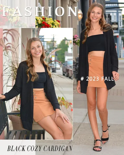Vista 3 de STYLEWORD Suéter de moda otoñal para mujer, tejido ligero informal con la parte delantera abierta, cárdigan largo con bolsillos