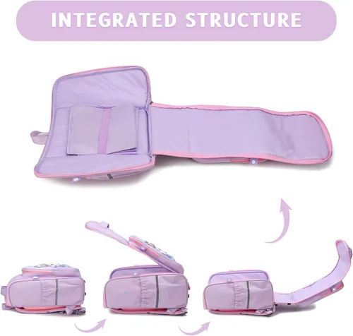 Vista 4 de Maod Mochilas para niñas y niños, mochila escolar para niña con hombros acolchados y un colgante gratis, Púrpura, Mochila infantil para niñas