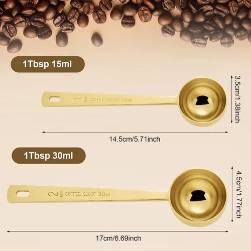 Vista 2 de Juego de 4 cucharas de café doradas de acero inoxidable, 2 unidades, 1 cucharada (0.5 fl oz) y 2 unidades, 1 cucharada (1 cucharada de 1.0 fl oz)